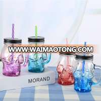 Wholesale skull glass jar mason with handle glass for beverage drinking